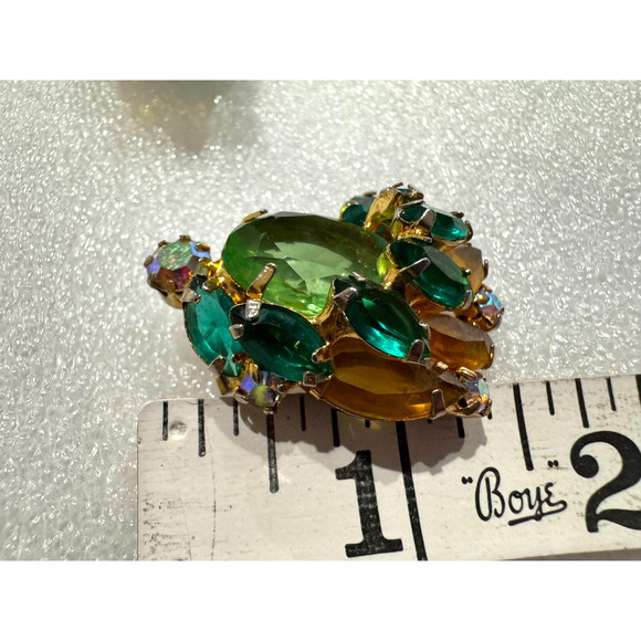 Vtg Juliana Rhinestone Earrings Green and Topaz Color AB Navette Clip 1960s - Picture 3 of 6